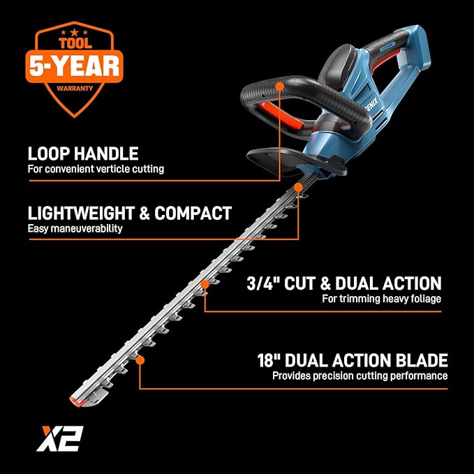 SENIX HTX2-M-0 X2 20 Volt Max* 18-Inch Battery Powered Cordless Hedge Trimmer with Brushless Motor, Double-Sided Dual Action Blades, 3/4" Cutting Capacity, Tool Only, Battery Not Included