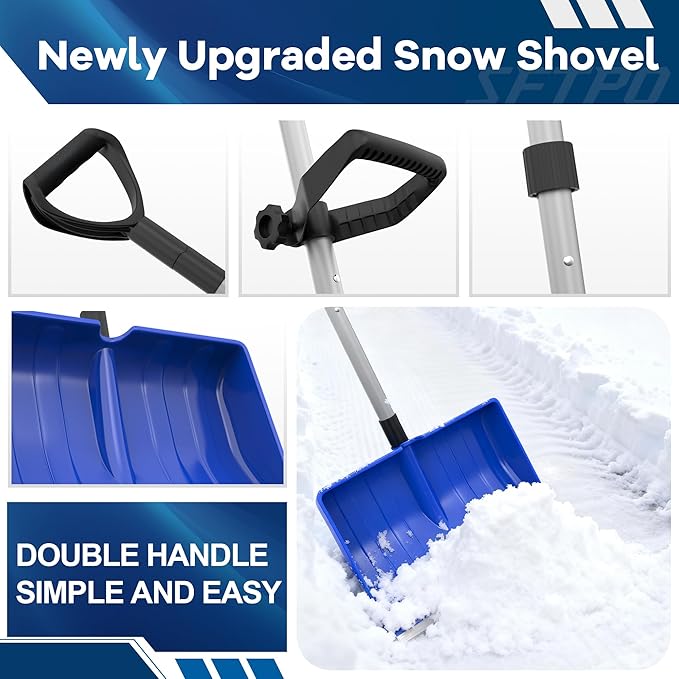 48 Inch Snow Shovel for Driveway Car Garage, Snow Removal with D-Grip Handle Aluminum Strip, Ergonomic Heavy Duty Snow Shovel for Home Garden Outdoor, Blue