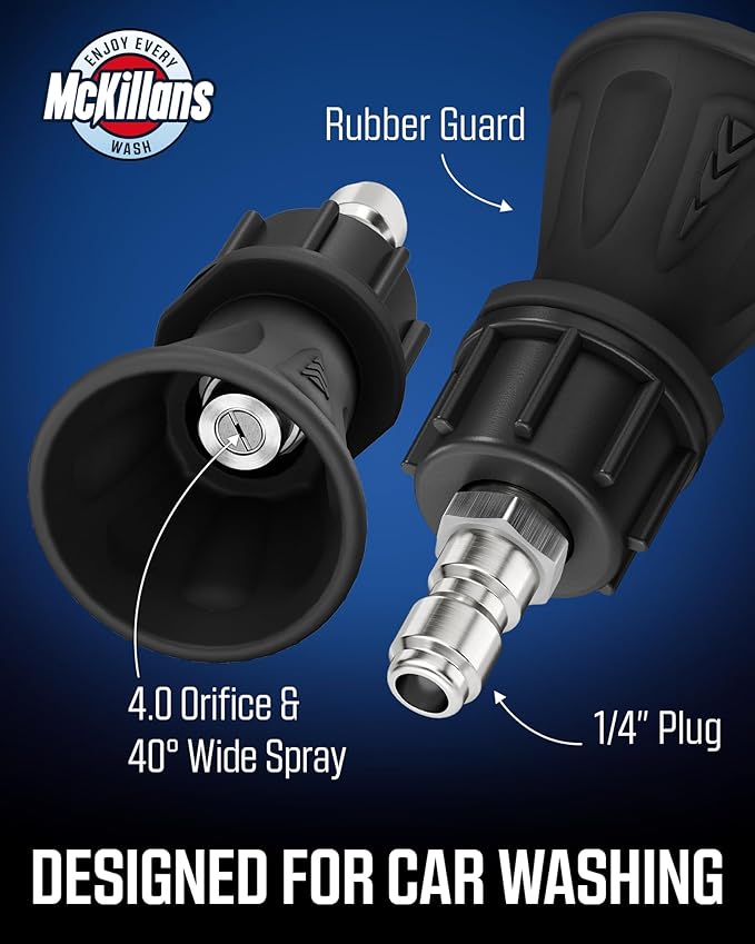 McKillans 40 Degree Pressure Washer Nozzle - Stainless Steel, High-Efficiency Cleaning, Durable Nozzle Guard with Rubberized Protection (4.0 Orifice)