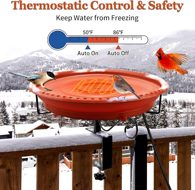 Lovppy Heated Bird Baths for Outdoors for Winter, 100W Heated Bird Bath Water Heater with Thermostatically Controlled, Heated Bird Bath for Deck Railing Outside Garden Patio Yard (Brown)