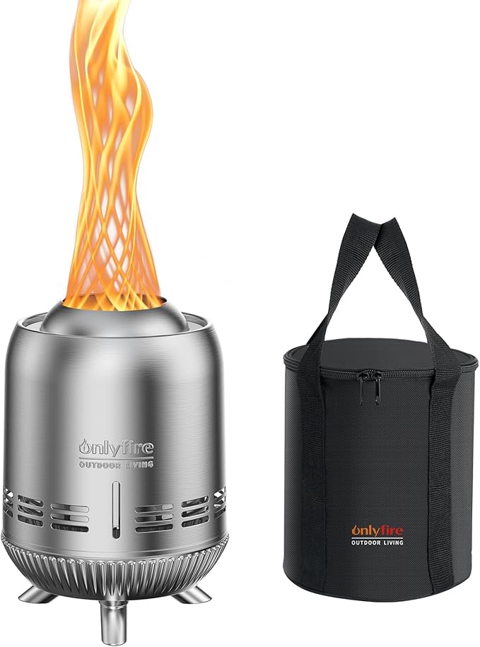 ONLYFIRE OUTDOOR LIVING Tabletop Fire Pit Burning Woods/Pellets, Portable Small Fireplace with Storage Bag for Camping Tailgating RV Patio Backyard, Smokeless Camping Stove 9.5", FP055 Silver