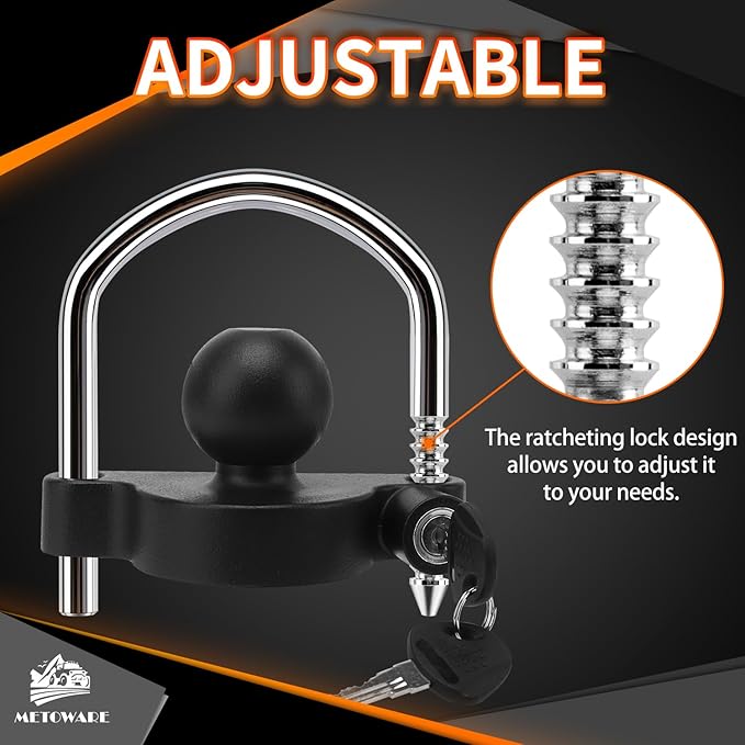 METOWARE Trailer Coupler Lock Universal Adjustable Heavy-Duty Steel Trailer Hitch Lock, Anti Theft Trailer Ball Lock Towing Lock for Towing Trailer Security Fits 1-7/8",2”, 2-5/16" Coupler Black Matte
