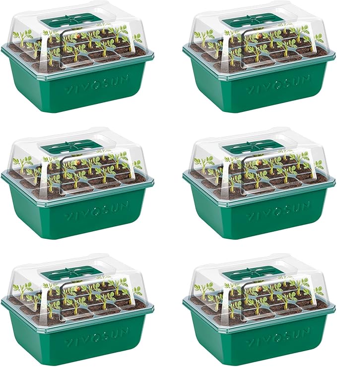 VIVOSUN 6-Pack Seed Starter Trays, 72-Cell Seed Starter Kit with Humidity Dome, Flat Reusable Plant Germination Trays with Drain Hole, Green Propagation Tray for Planting Seeds