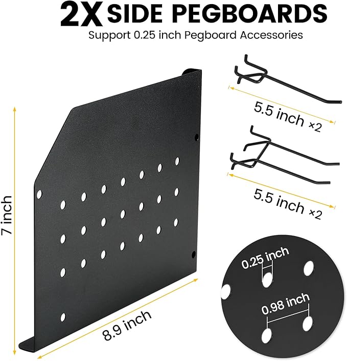 TRZZ Power Tool Organizer Wall Mount, 2-Tier Cordless Drill Rack with 4 Drill Holders and 2 Side Pegboards, Efficient Drill Storage for Garage, Tool Room, and Workshop (Black)