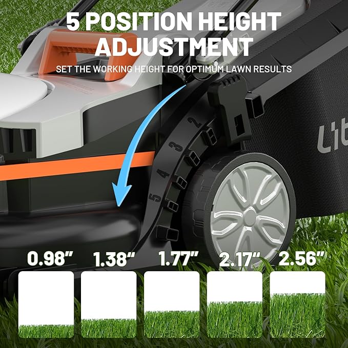 Litheli Electric Lawn Mower Cordless,Grass Cutter Machine for 1300 Sq.Ft.Lawnmower with Motor,13.2 in Cutting Width,8 Gallon Capacity,Cutting Height from 1 to 2.5 in with 4.0A Battery