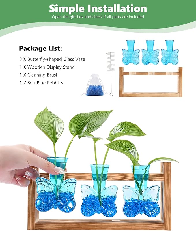Nacome Plant Terrarium with Wooden Stand,Butterfly-Shaped Glass Vase Planter Propagation Station for Home Office Decor, Unique Gifts for Plant Lovers Women Mom(Blue)