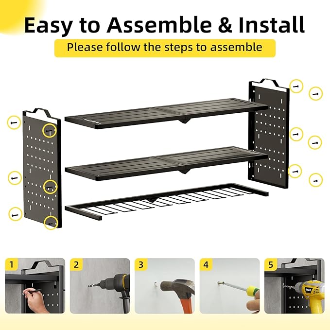 Power Tool Organizer Wall Mount with 9 Drill Holder, Cordless Tool Organizer and Storage Rack, Garage Heavy Duty Metal Shelf Organization for Battery, Tool Box, Hammer, Screwdriver（Black）