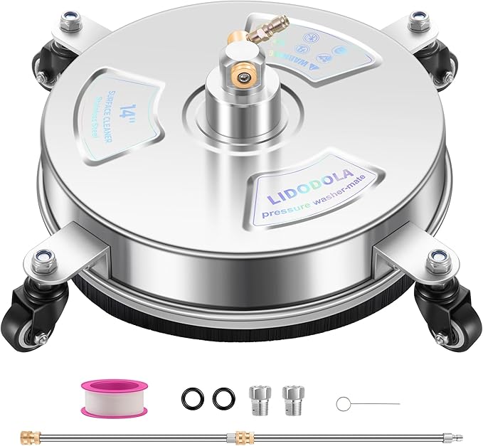 14" Pressure Washer Surface Cleaner with 4 Wheels - Stainless Steel Surface Cleaner for Pressure Washer Attachment for Concrete, Patio, Sidewalk, Deck and Driveways - PWS14