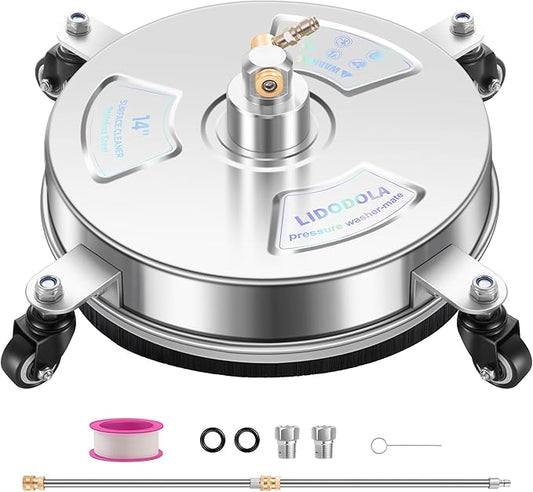 14" Pressure Washer Surface Cleaner with 4 Wheels - Stainless Steel Surface Cleaner for Pressure Washer Attachment for Concrete, Patio, Sidewalk, Deck and Driveways - PWS14