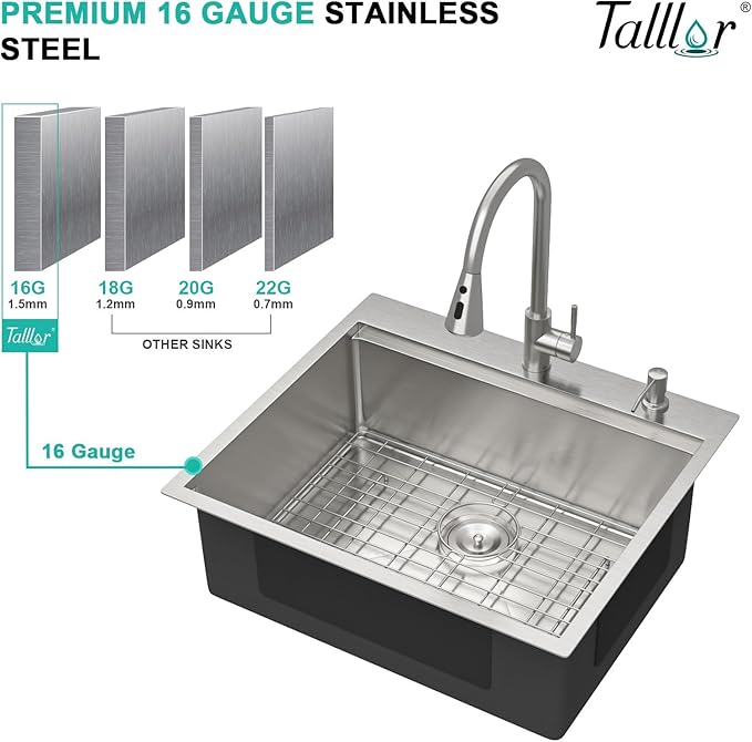 25" Drop In Kitchen Sink with Faucet Combo - 25x22 Kitchen Sinks Drop In and Faucet Combo Set Workstation 16 Gauge Stainless Steel Topmount Single Bowl Over Counter Sinks Basin #TLT-0018