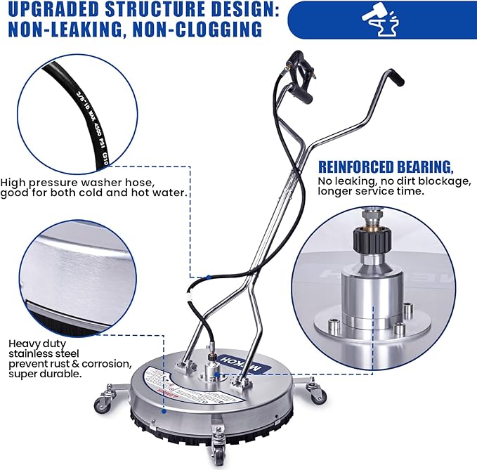 MEKOH Pressure Washer Surface Cleaner 24'', 4500PSI Stainless Steel Surface Cleaner Attachment with Wheels, Power Washer Accessory for Driveway Sidewalk Curb Deck Patio Cleaning, 3/8'' Quick-Connect