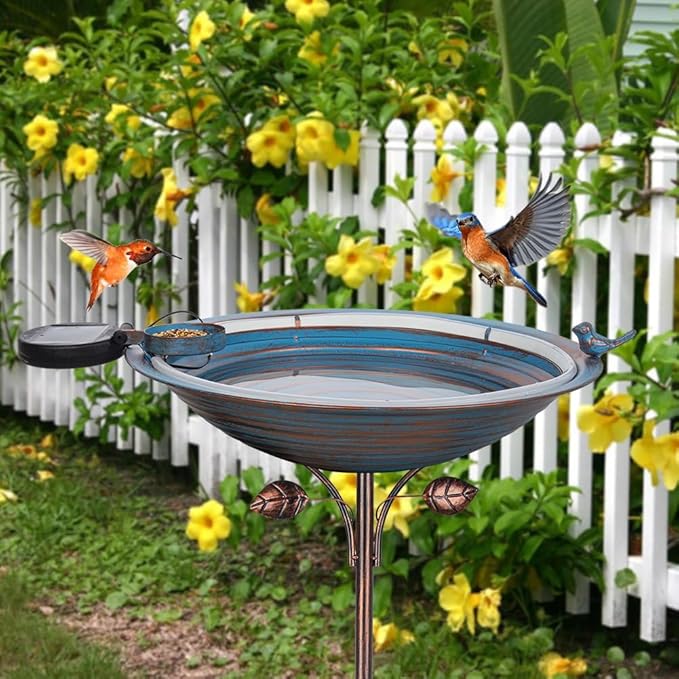 Metal Bird Bath with Stake, Large Standing Birdbath with Solar Light, 39" Tall Bird Bath & Feeder with 15" Bowl & Decorative Cast Iron Bird for Outside Garden Patio Yard Decor