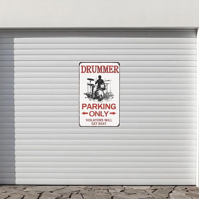 Drummer Parking Only Violators Will Get Beat Tin Sign Drummer Sign for Men Vintage Wall Decor for Men Cave Garage Bar 12×8 Inch