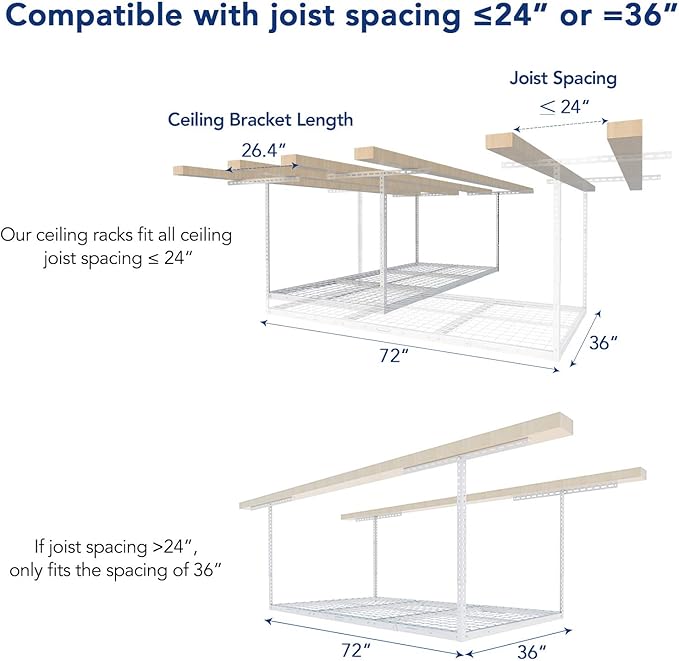 FLEXIMOUNTS 3x6 Overhead Garage Storage Adjustable Ceiling Rack 72" Length x 36" Width x 40" Height, 450lbs Weight Capacity, White