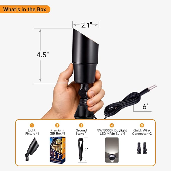 Spot Light Brass - Outdoor Landscape Spotlights 12V, LED Low Voltage Landscaping Uplights, All Weather Hard-Wired Black for Backyard Lawn with Day Light Changeable Bulbs (8 Pack)