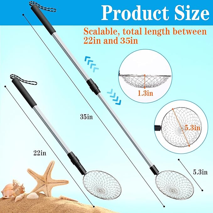 2 Pack 5.3 Inch Beach Sand Sifter- 22~35 Inch Adjustable Shark Tooth Sifter- Sand Scoop Shell Scooper for Beach- Beach Scoop Shovel and Sifter Tool for Picking Up Shells Beachcombing & Rock Hunting
