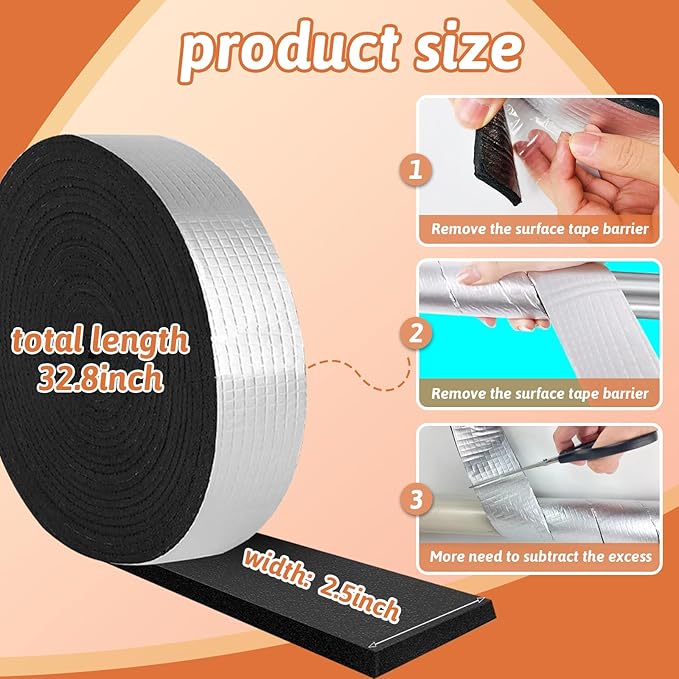 2 Roll Premium Pipe Tape, 2.5" Wide X 32.8 Ft, Aluminum Foil & Foam Insulation for Hot & Cold Pipes