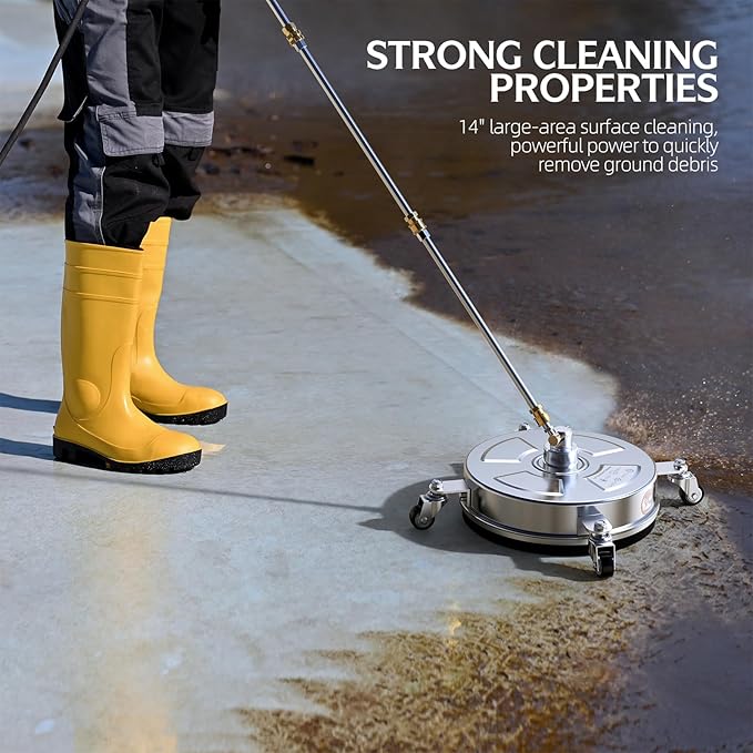 14" Pressure Washer Surface Cleaner 4500 PSI with 304 Industrial-grade Stainless Steel Housing,1/4” Quick Plug, 4 Universal Wheels, 2 x 15" Extended Wands, 2 Replacement Nozzles, 4 Spray Nozzle Tips