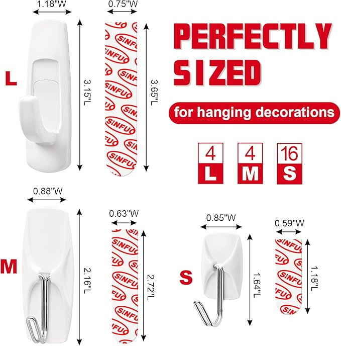 24 Hooks for Hanging Variety Pack, Adhesive Wall Hooks Heavy Duty with 24 Stirps,no Damage Large midium Small Sticky Utility Hooks for Outdoor、Tower、Keys