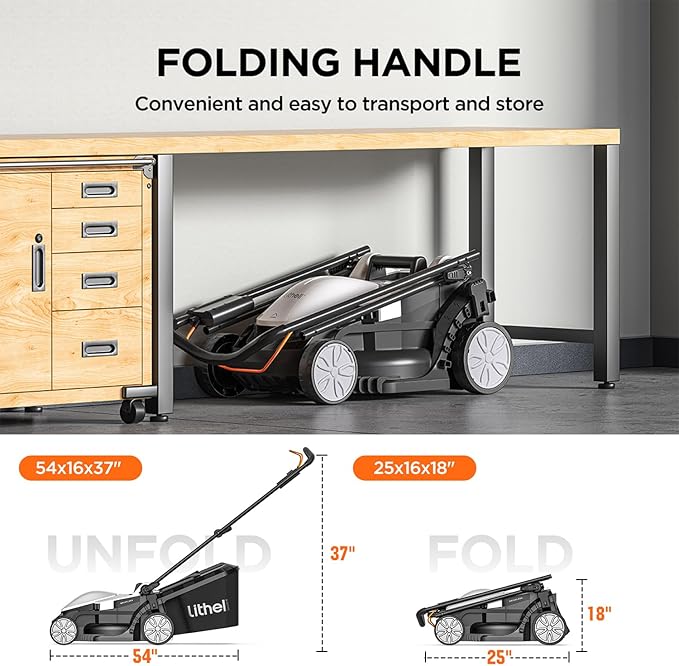 Litheli Electric Lawn Mower Cordless,Grass Cutter Machine for 1600 Sq.Ft.Lawnmower with Brushless Motor,13.1“ Cutting Width,8 Gallon Capacity,Cutting Height from 1 to 2.5 in（Without Battery）