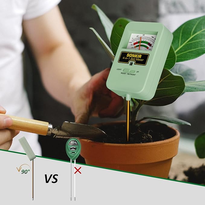 Soil Moisture Meter, 4-in-1 Soil Ph Meter, Soil Tester for Nutrients, Moisture, PH and Light, Soil Ph Test Kits for Plant, Great for Garden, Indoor & Outdoor Use (No Battery Required), Green