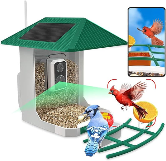 2.5K Smart Bird Feeder with Camera, 5GHz &2.4GHz Birds Watching Camera with AI Identify Bird Species, Outdoor Birds Feeder House with Solar Panel for BirdLovers (Green)