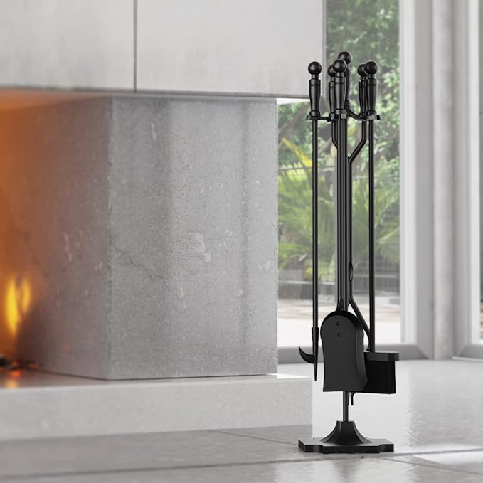 Fire Beauty Fireplace Tools Set 5 Pieces Wrought Iron Fireset Woodstove Log Tongs Holder Fire Kit Setwith Pedestal Place(32 Inches)