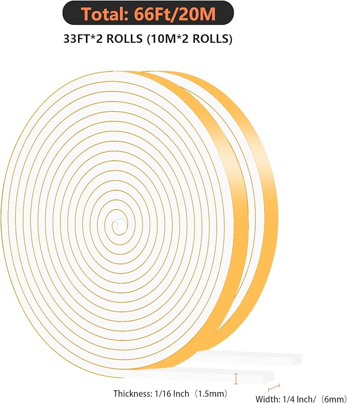 Weather Stripping Door Seal Strip,Door Insulation for Winter,Insulation Tape Roll for Insulating Door Frame, Window, Air Conditioner (White,1/4 in X 1/16 in x 66Ft)