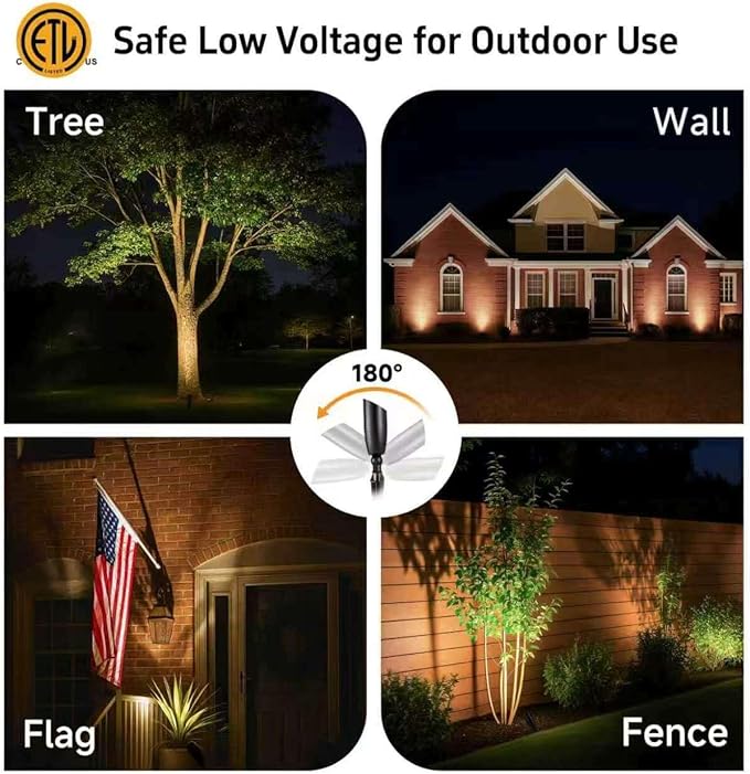 Spot Light Brass - Outdoor Landscape Spotlights LED, 12V Low Voltage Landscaping Uplights, Hard-Wired All Weather Black for Backyard Lawn with Cold White Changeable Bulbs (8 Pack)