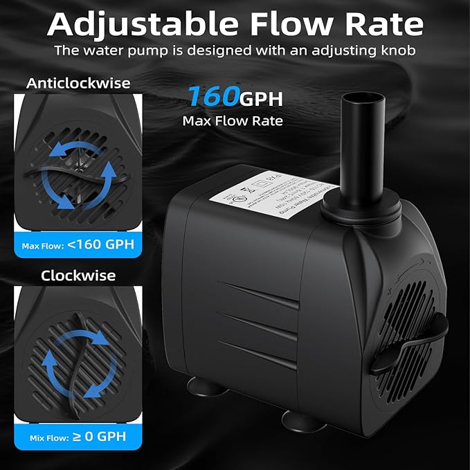 160GPH Submersible Water Pump(600L/H, 10W), waatoos Durable Outdoor Fountain Pump with 4.9 ft Tubing for Aquariums, Fish Tank, Pond Fountain, Statuary, Hydroponics, Water Feature, Indoor Fountains