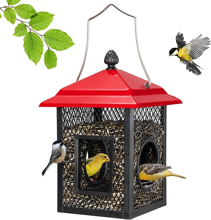 Veehoo Metal Bird Feeder for Outdoors Hanging, Fly Through Wild Birdfeeder Outside, Finch Cardinal Chickadee Feeders for Peanut Sunflower Seed, Red