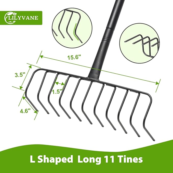 Rake, Heavy Duty Garden Rake with 11 Tines, 51 Inch Handle, 16 Inch Wide, Metal Garden Thatch Leaf Rakes for Raking Gathering Mulch,Metal Bow Rakes for Lawn Yard Bushes Pine Needles Leaves Grass
