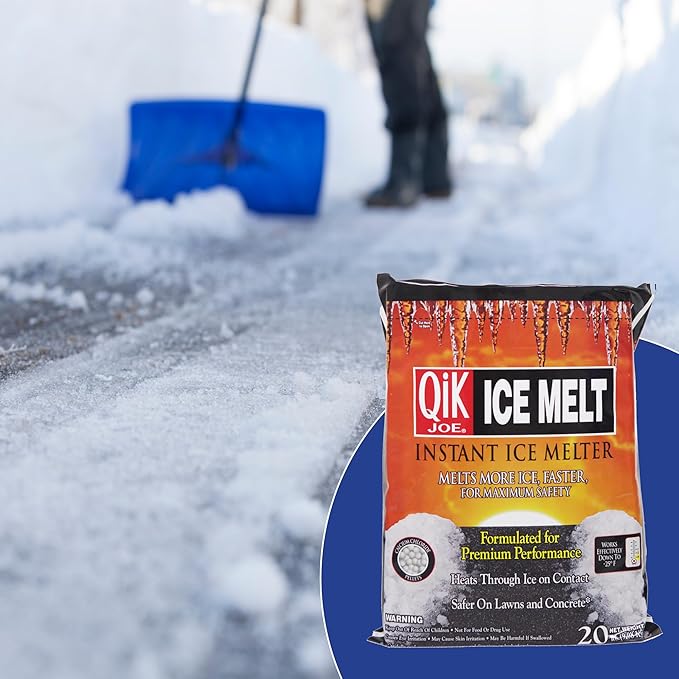 Qik Joe Calcium Chloride Ice Melt - Instant Snow and Ice Melt for Sidewalks, Driveways, Steps, and Parking Lots - Deicer for Concrete, Asphalt, and Other Surfaces - 10 Lbs