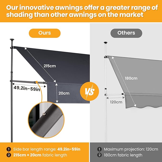 HOMEDEMO Manual Retractable Awning 118" W x 118" H,Side Bar 47-59in Patio Awning Retractable Outdoor Sunshade Shelter Height Adjustable Sunsetter Retractable Awning UV Protection for Backyard Garden