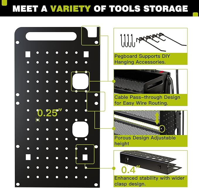 Power Tool Organizer Wall Mount with Charging Station,Cordless Tool Organizer 8 Drill Holder, 4 Layer Storage Rack for Garage Organization,Tool Holder with 8 Outlet Power Strip (Black)