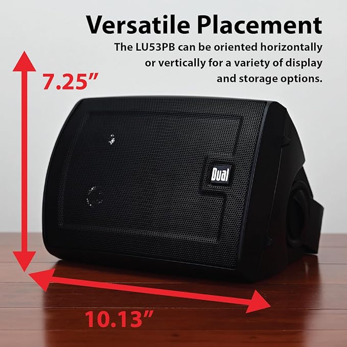 Dual Electronics LU53PB 5.25" 3-Way High Performance Outdoor Indoor Wired Speakers | Effortless Set Up | Home, Pool, Patio, Garage Use | Weather Resistant | Expansive Stereo Sound Coverage | Black