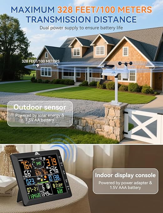 14-in-1 Wireless Weather Station with Outdoor Wireless Sensor,Radio-Controlled Clock,Rain Gauge,Wind Speed/Direction,Moon Phase,Wind Chill Index,Outdoor Dew Point,Barometer(NO WiFi)