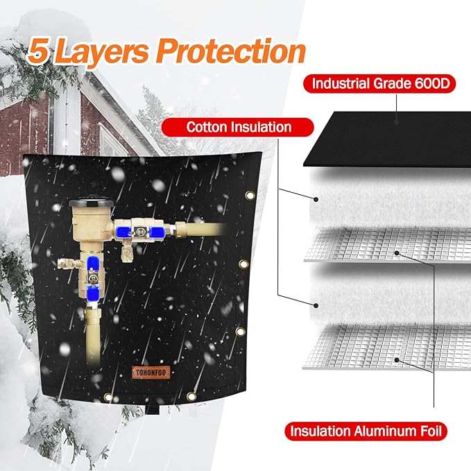 TOHONFOO 2-Way Opening Backflow Preventer Pipe Insulation (5F) - Irrigation Sprinkler Valve and Water Well Pump Cover - Sturdy 5 Layers for Winter Freeze Protection (16" W x 20" H, Black)