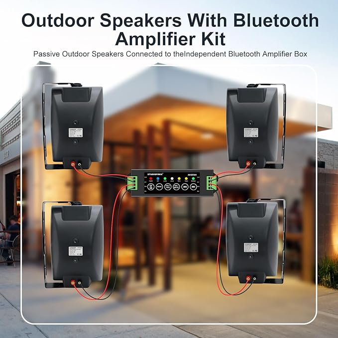 6.5 Inch Max 800W Outdoor Bluetooth Speakers Waterproof Wired with Multifunctional Amplifier Wall Mount Outdoor Speaker System for Patio Garden Poolside Home(4 Speakers,Black)