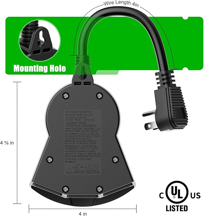 Outdoor Light Timer Waterproof, 24 Hours Plug in Timer with 2, 4, 6 or 8 Hours Countdown Mode, 3 Grounded Dusk to Dawn Electrical Outlet for Outdoor Backyard Garden Patio Lights Christmas Decorations