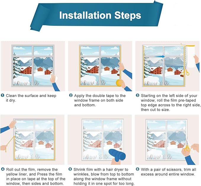 2 Pack Window Insulation Kit, Plastic Window Covering 62 Inch Wide × 393 Inch Length with Double-Sided Tape, Insulator Seal Kit for 20-3'x5' Windows Winterizing for Winter, 2 Roll Clear