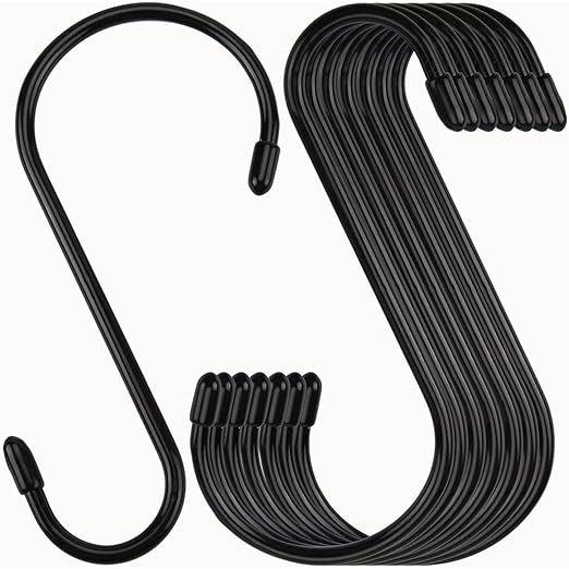 24 Pack 6 Inch S Hook, Large Vinyl Coated S Hooks with Rubber Stopper Non Slip Heavy Duty S Hook, Steel Metal Black Rubber Coated Closet S Hooks for Hanging Jeans Plants Jewelry Pot Pan Cups Towels