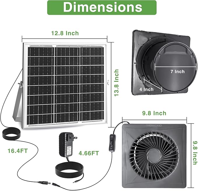 Solar Exhaust Fan, 25W Solar Panel + 8" Ventilation Vent Fan, with Power Adapter, Anti-backflow Valve, High Speed Solar Powered Exhaust Fan with Bracket for Shed, Chicken Coop, Greenhouse, Dog House