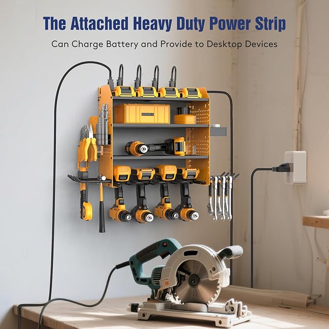 Heavy Duty Power Tool Organizer Wall Mount with Charging Station, 4 Layer Garage Storage Adjustable Shelves Height, Holds 4 Drills, 2 Hooks, Screw & Screwdriver box, Gifts for Fathers Day, Anniversary