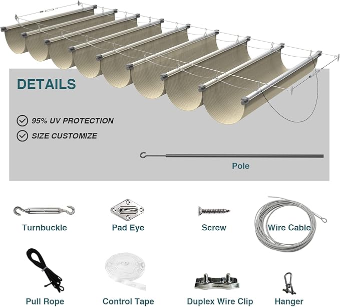 ECOOPTS 7'x14' Retractable Wave Sun Shade Canopy Pergola Cover Shade Sail Awning for Patio Porch Garden Yard Deck Outdoor (Beige)
