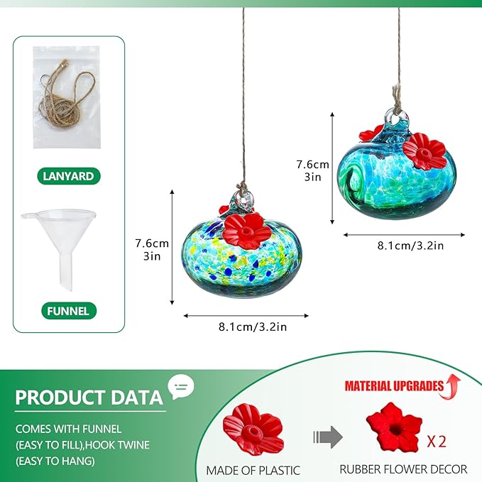 2pcs Small Glass Hummingbird Feeders for Outdoors Humming Bird Feeder with 2 Flower Feeding Ports for Window Garden Patio Decor Blown Glass Hummingbird Feeder for Outside