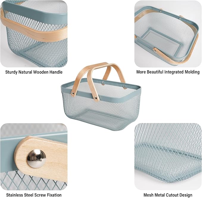 Metal Mesh Steel Harvest Basket, Rectangle Wire Garden Basket with Handle – Multi-Functional Storage Organizer for Gathering Vegetables, Fruits, Kitchen, Garden, Picnic & Cabinet (Blue)