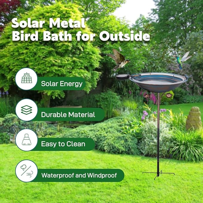 Metal Bird Bath with Stake, Large Standing Birdbath with Solar Light, 39" Tall Bird Bath & Feeder with 15" Bowl & Decorative Cast Iron Bird for Outside Garden Patio Yard Decor