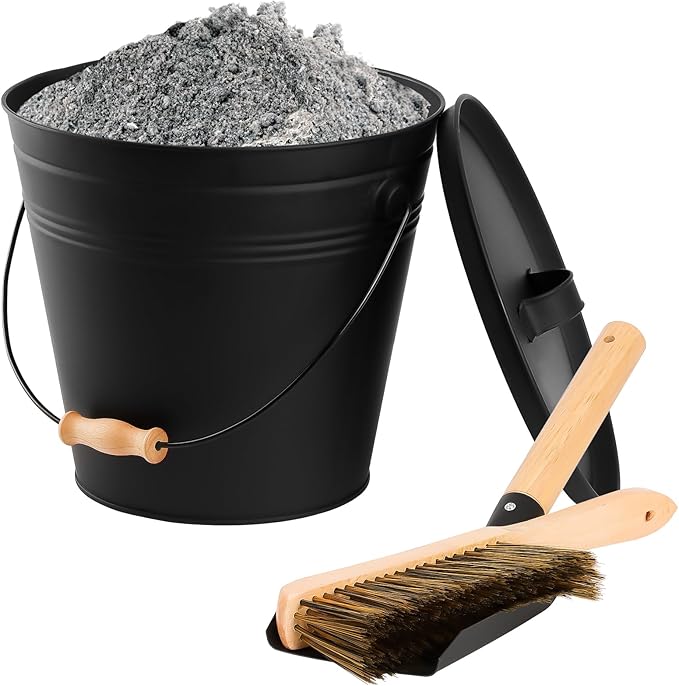 FEED GARDEN 3.5 Gallon Ash Bucket with Lid,Shovel,Broom and Screwdriver, Ash Can for Fireplace Fire Pits,Hearth,Wood Stoves,Fireplace Galvanized Iron Bucket,Pellet Charcoal BucketIndoor Outdoor，Black