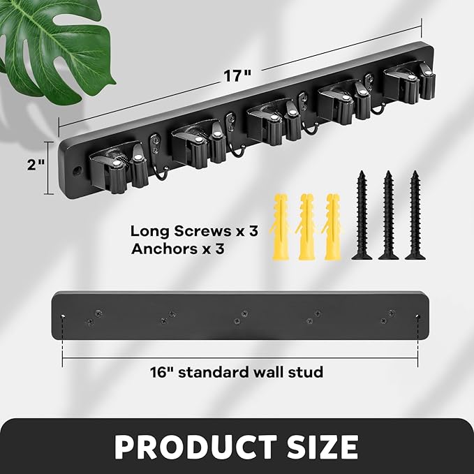 IMILLET Broom Holder Wall Mount, Wood Broom Holder with 5 Racks and 4 Hooks Broom Organizer, Laundry Room Organization and Storage, Mop Hanger for Home Organization, Garden, Garage, Closet (Black)